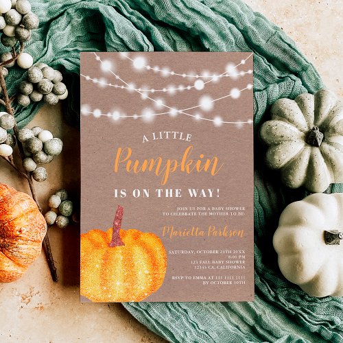 Glitter pumpkin kraft orange fall baby shower invitation