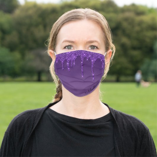 Glitter Purple Amethyst Drip Monogrammed Script Adult Cloth Face Mask (Outside)