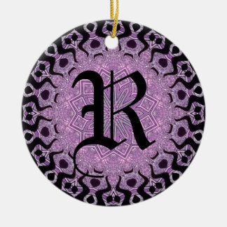 Glitter Purple Black Tribal Monogram Ceramic Ornament