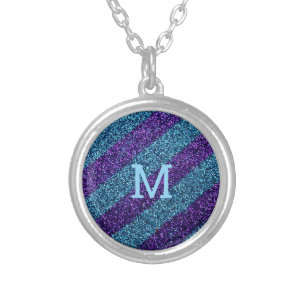 glitter purple & blue monogram initial silver plated necklace