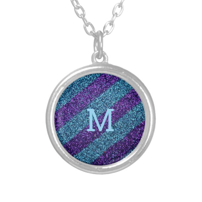 glitter purple & blue  monogram initial silver plated necklace (Front)