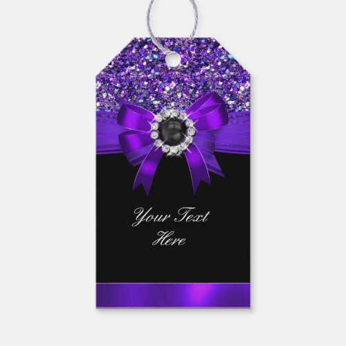 Glitter Purple Bow Black Pearl Jewel Gift Tags