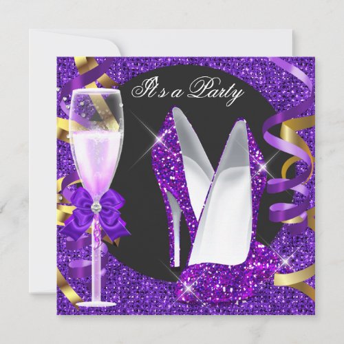 Glitter Purple Champagne Gold Shoes Party 3 Invitation