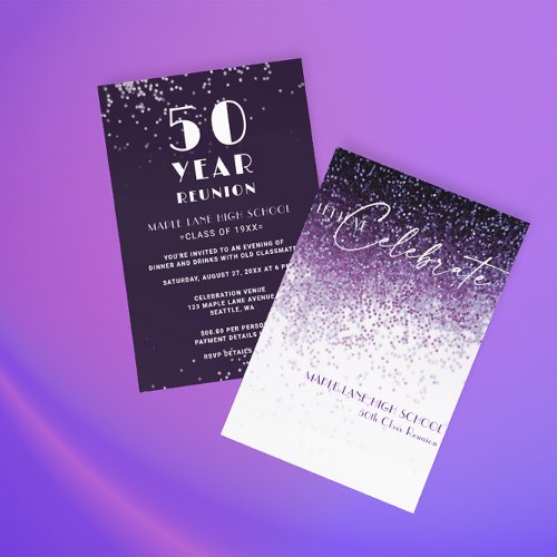Glitter Purple Confetti ANY YEAR Class Reunion Invitation