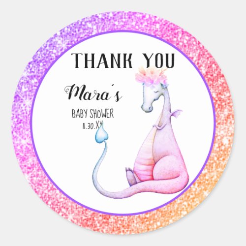  Glitter Purple Dragon Baby Girl Thank You Classic Round Sticker