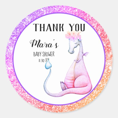 *~* Glitter Purple Dragon Baby Girl Thank You Classic Round Sticker