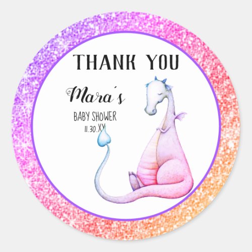  Glitter Purple Dragon Baby Shower Thank You Classic Round Sticker