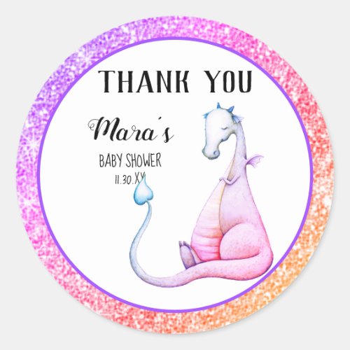 *~* Glitter Purple Dragon Baby Shower Thank You Classic Round Sticker