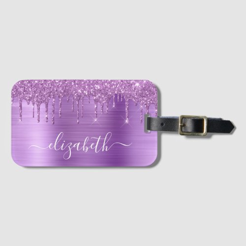 Glitter Purple Drips Monogrammed Luggage Tag