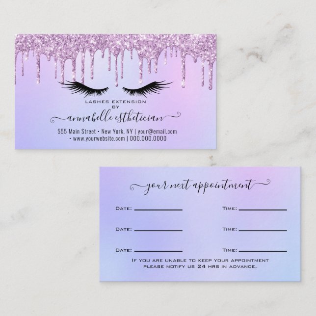 Glitter Purple Eyelash Extension Appointment Busin Business Card (Front/Back)