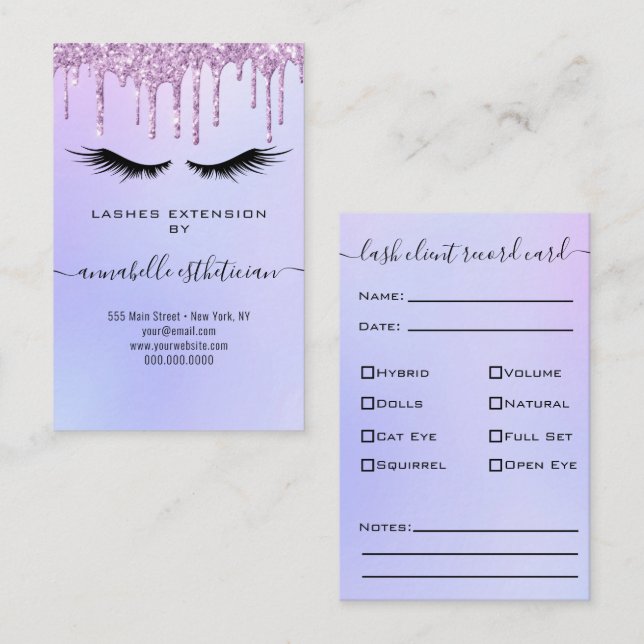 Glitter Purple Eyelash Extension Client Record Bus Business Card (Front/Back)