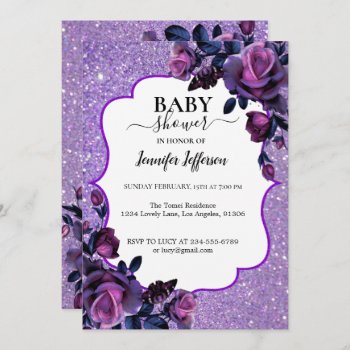 Glitter Purple Floral Baby Shower Invitation by aquachild at Zazzle