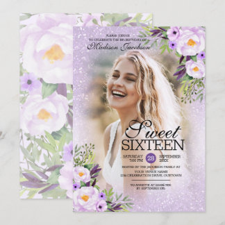 Glitter Purple Floral Photo Template Sweet 16