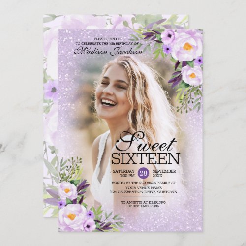 Glitter Purple Floral Photo Template Sweet 16