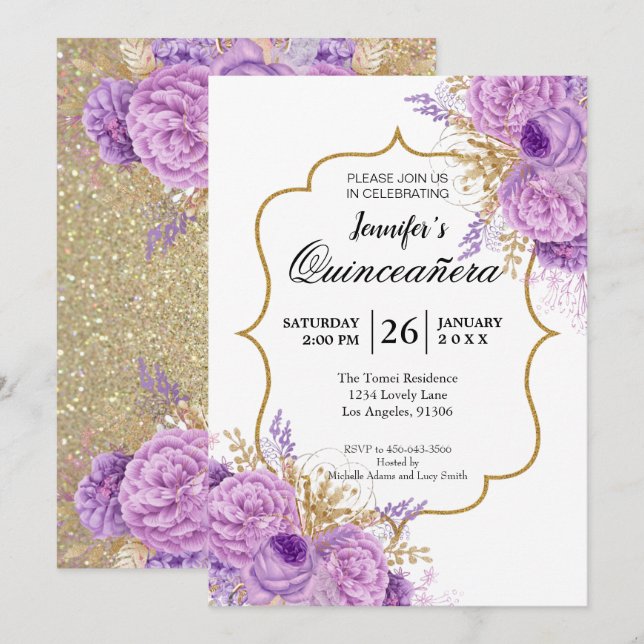 Glitter Purple Floral Quinceanera Invitation (Front/Back)