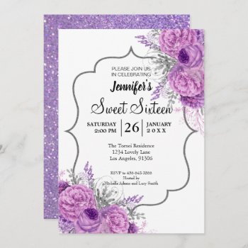 Glitter Purple Floral Sweet 16 Birthday Invitation by aquachild at Zazzle