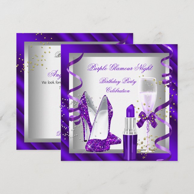 Glitter Purple Glamour Night Champagne Party Invitation (Front/Back)