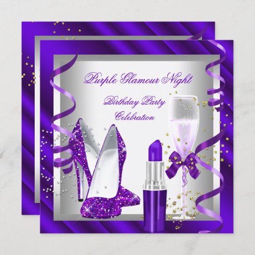 Glitter Purple Glamour Night Champagne Party Invitation