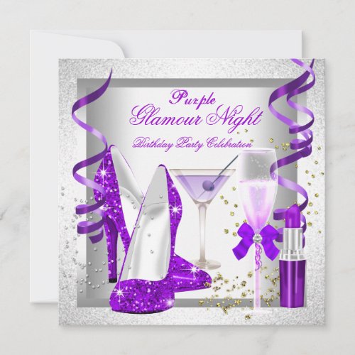 Glitter Purple Glamour Night Champagne Silver Shoe Invitation