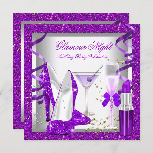 Glitter Purple Glamour Night Drinks Birthday Party Invitation
