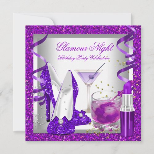 Glitter Purple Glamour Night Martini Party Invitation