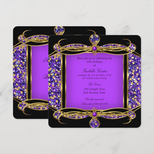 Glitter Purple Gold Black Birthday Party Invitation (Front/Back)