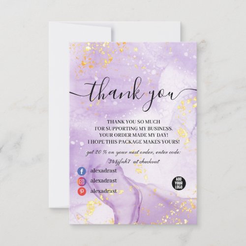 Glitter Purple Gold  Marble Thank You Card