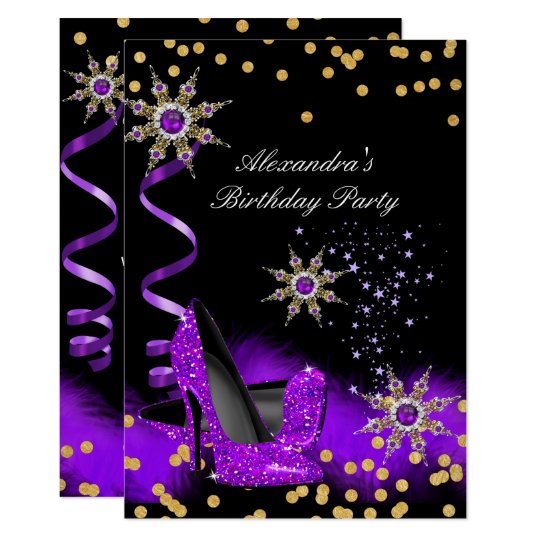 Glitter Purple High Heel Black Gold Birthday Party Invitation