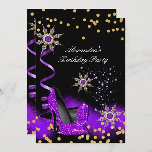Glitter Purple High Heel Black Gold Birthday Party Invitation