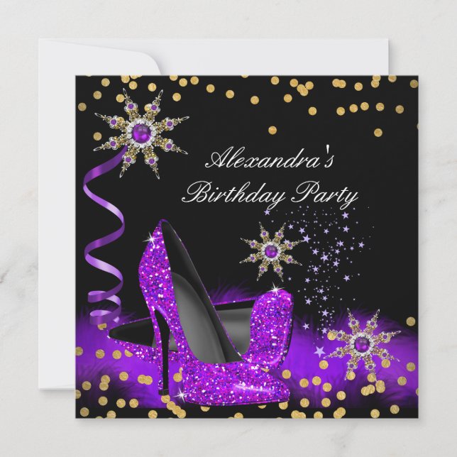 Glitter Purple High Heel Black Gold Birthday Party Invitation (Front)