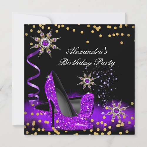 Glitter Purple High Heel Black Gold Birthday Party Invitation