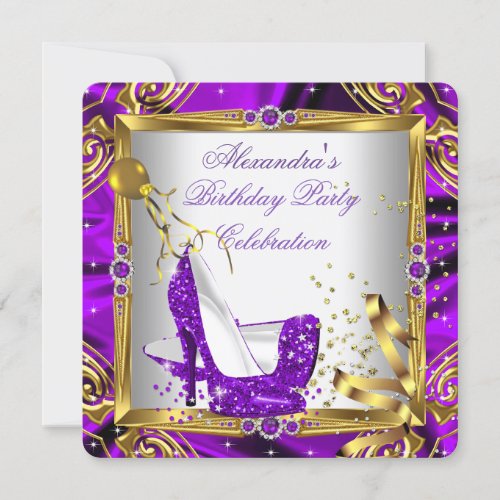 Glitter Purple High Heel Shoes Gold White Silk Invitation