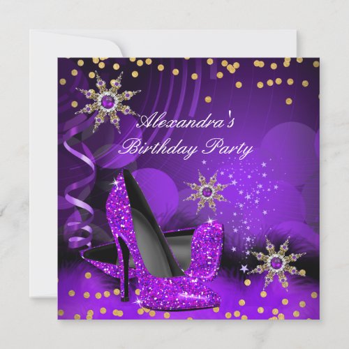 Glitter Purple High Heels Birthday Party Invitation