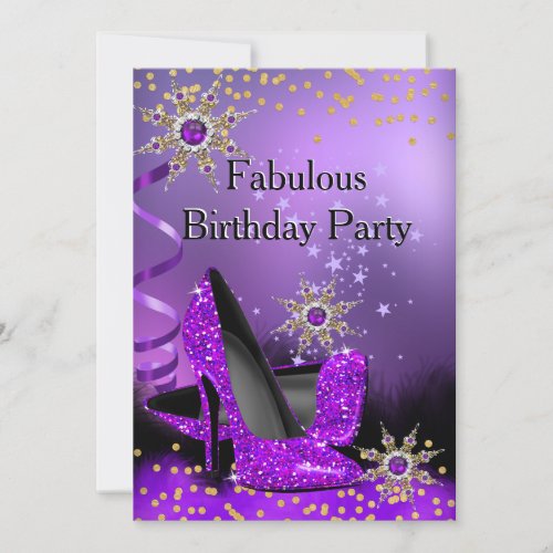 Glitter Purple High Heels Birthday Party Pearl Invitation