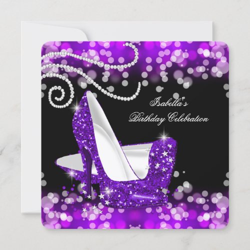 Glitter Purple High Heels Diamonds Birthday Invitation