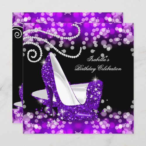 Glitter Purple High Heels Diamonds Birthday Invitation