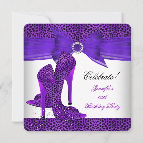 Glitter Purple Leopard High Heels Birthday Party Invitation