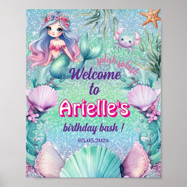 Glitter Purple Mermaid birthday  Poster (Front)