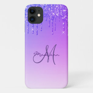 Glitter Purple Monogram Sparkles Glam Girly Trendy iPhone 11 Case