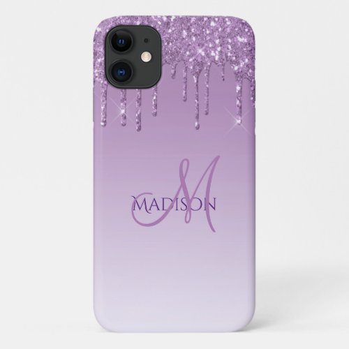 Glitter Purple Monogram Sparkles Glam Girly Trendy iPhone 11 Case