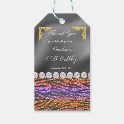 Glitter Purple Orange Zebra Print Glitter Birthday Gift Tags