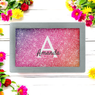 Glitter Purple Pink Colorful Sparkles Name Initial Belt Buckle