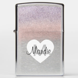 Glitter Purple Pink Heart Monogram Zippo Lighter