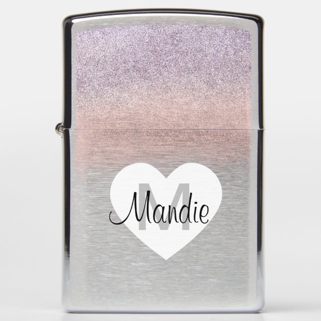 Glitter Purple Pink Heart Monogram Zippo Lighter (Front)