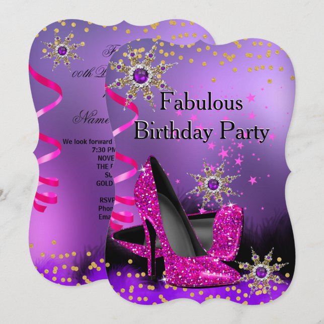 Glitter Purple Pink Heel Birthday Party Pearl Invitation (Front/Back)