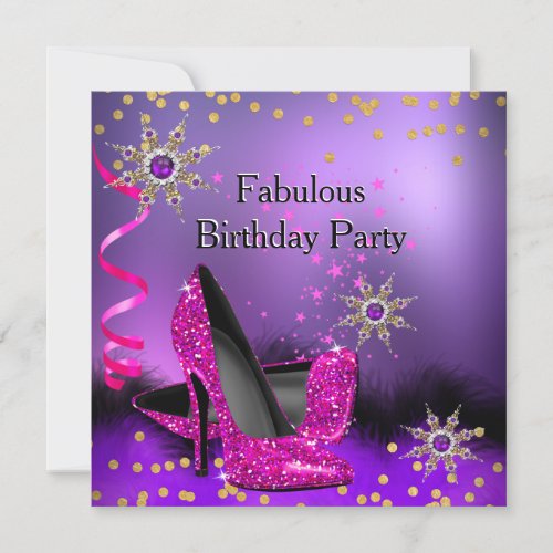 Glitter Purple Pink Heel Birthday Party Pearl Invitation
