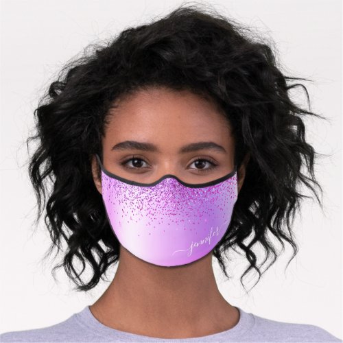 Glitter Purple Pink Ombre Girly Monogrammed Script Premium Face Mask