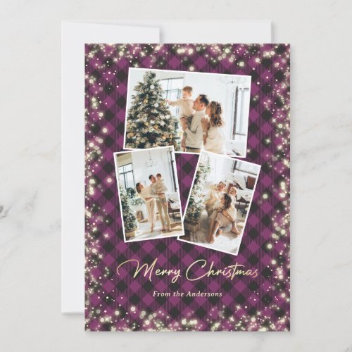 Glitter Purple Plaid Gold 3 Photo Merry Christmas Holiday Card