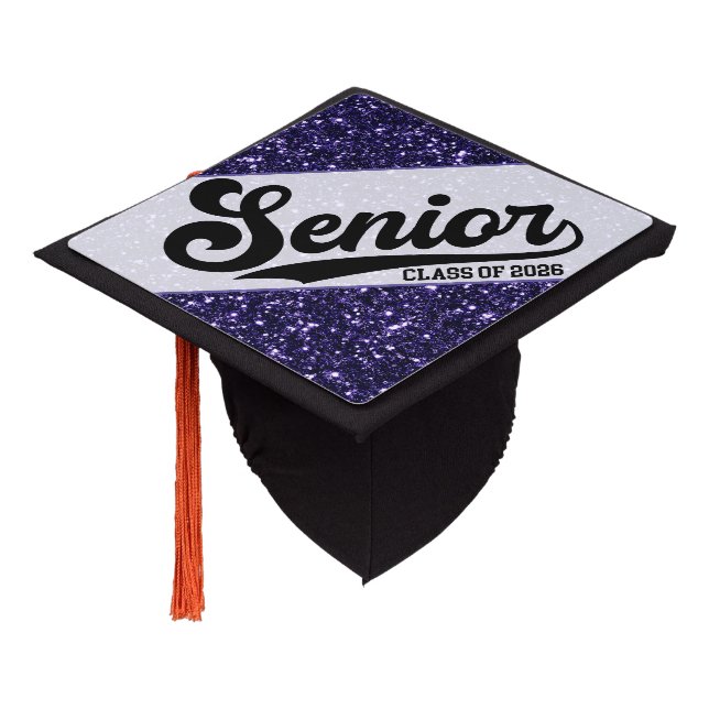 Glitter Purple Senior Class of 2026 Script Design Graduation Cap Topper (Angled)