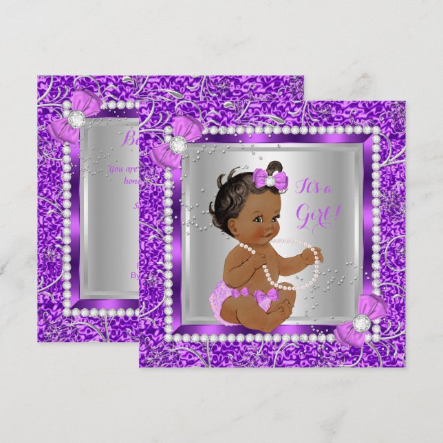 Glitter Purple Silver Baby Shower Girl Ethnic Invitation (Front/Back)
